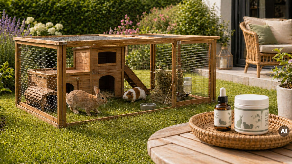 Ein Kaninchen und ein Meerschweinchen sitzen in einem Außengehege, im Vordergrund stehen eine Flasche und eine Dose auf einem Gartentisch