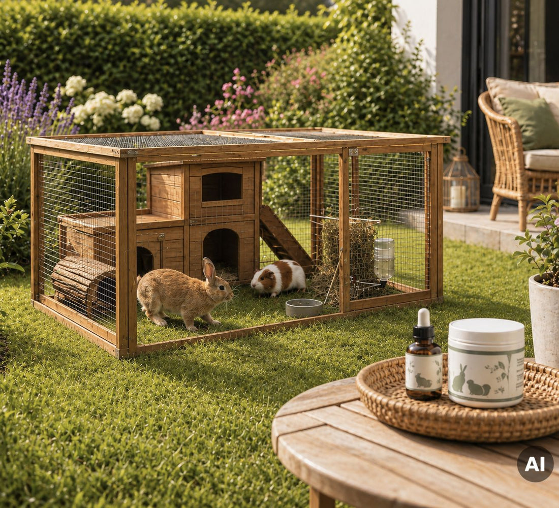 Ein Kaninchen und ein Meerschweinchen sitzen in einem Außengehege, im Vordergrund stehen eine Flasche und eine Dose auf einem Gartentisch