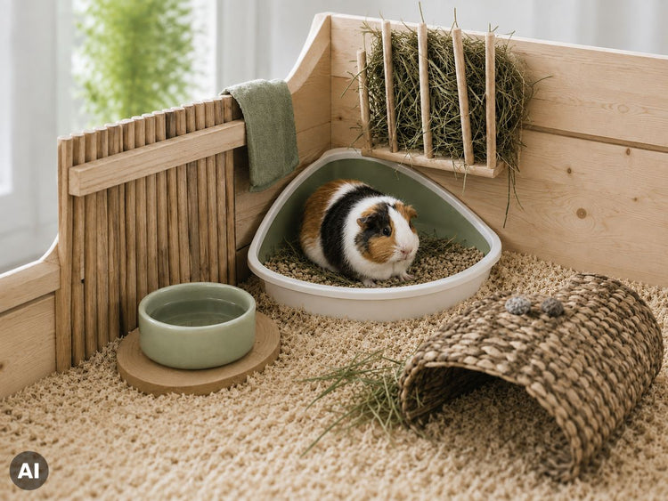 Ein Meerschweinchen sitzt in einer Kleintiertoilette