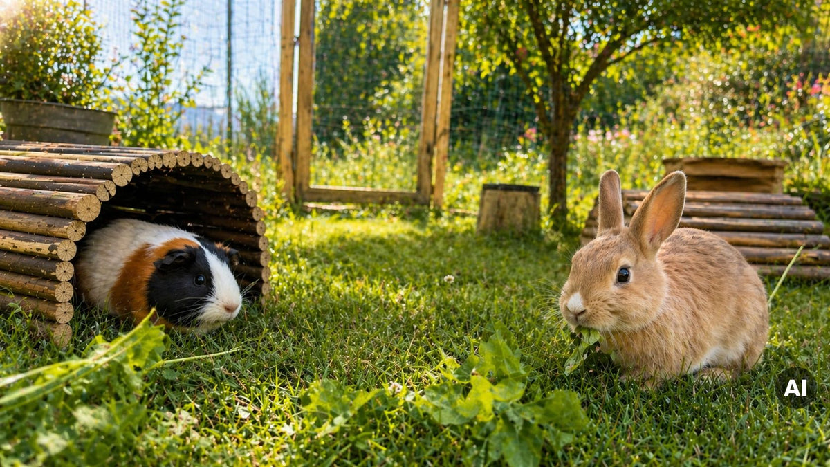 Ein Kaninchen sitzt im Gras eines Außengeheges, daneben schaut ein Meerschweinchen aus einem Holztunnel.
