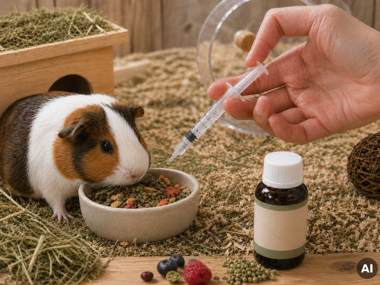 Eine Person hält eine Dosierspritze über das Futter eines Meerschweinchens