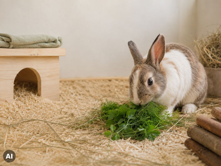 Ein Kaninchen frisst Grünfutter