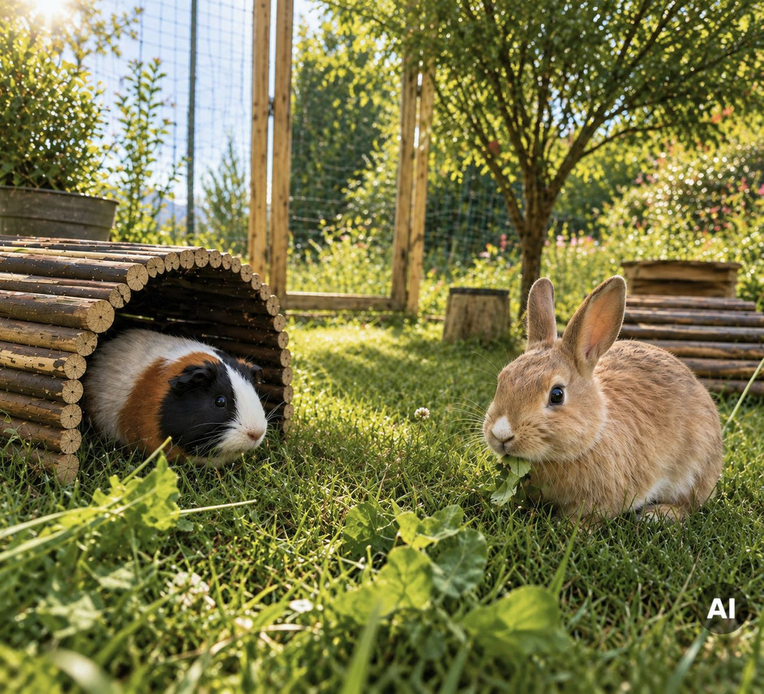 Ein Kaninchen sitzt im Gras eines Außengeheges, daneben schaut ein Meerschweinchen aus einem Holztunnel.