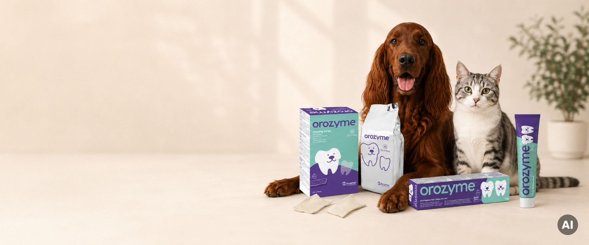 Hund und Katze mit Orozyme Kaustreifen M, Orozyme Zahnpflege-Gel und zwei Kaustreifen