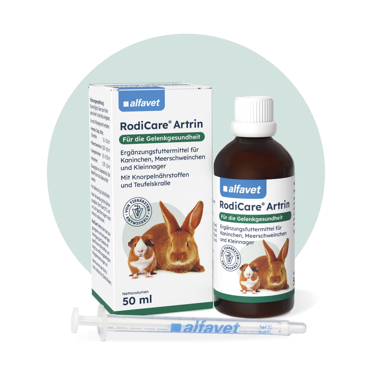 alfavet RodiCare Artrin 50 ml, Karton, Flasche und Dosierspritze in Voderansicht