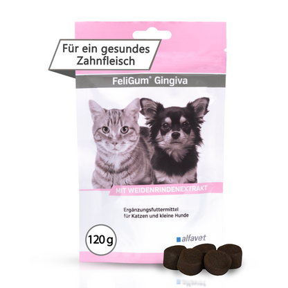 alfavet FeliGum Gingiva 120 g, Beutel und Kaudrops in Voderansicht, Hinweis "Für ein gesundes Zahnfleisch"