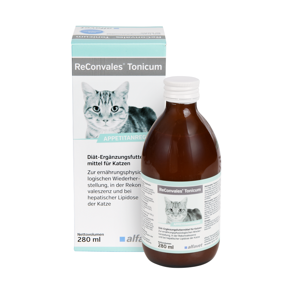 alfavet ReConvales Tonicum 280 ml für Katzen, Karton und Flasche in Vorderansicht