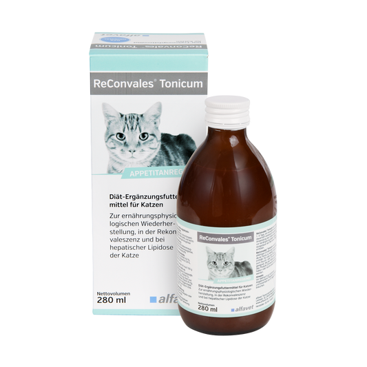 alfavet ReConvales Tonicum 280 ml für Katzen, Karton und Flasche in Vorderansicht
