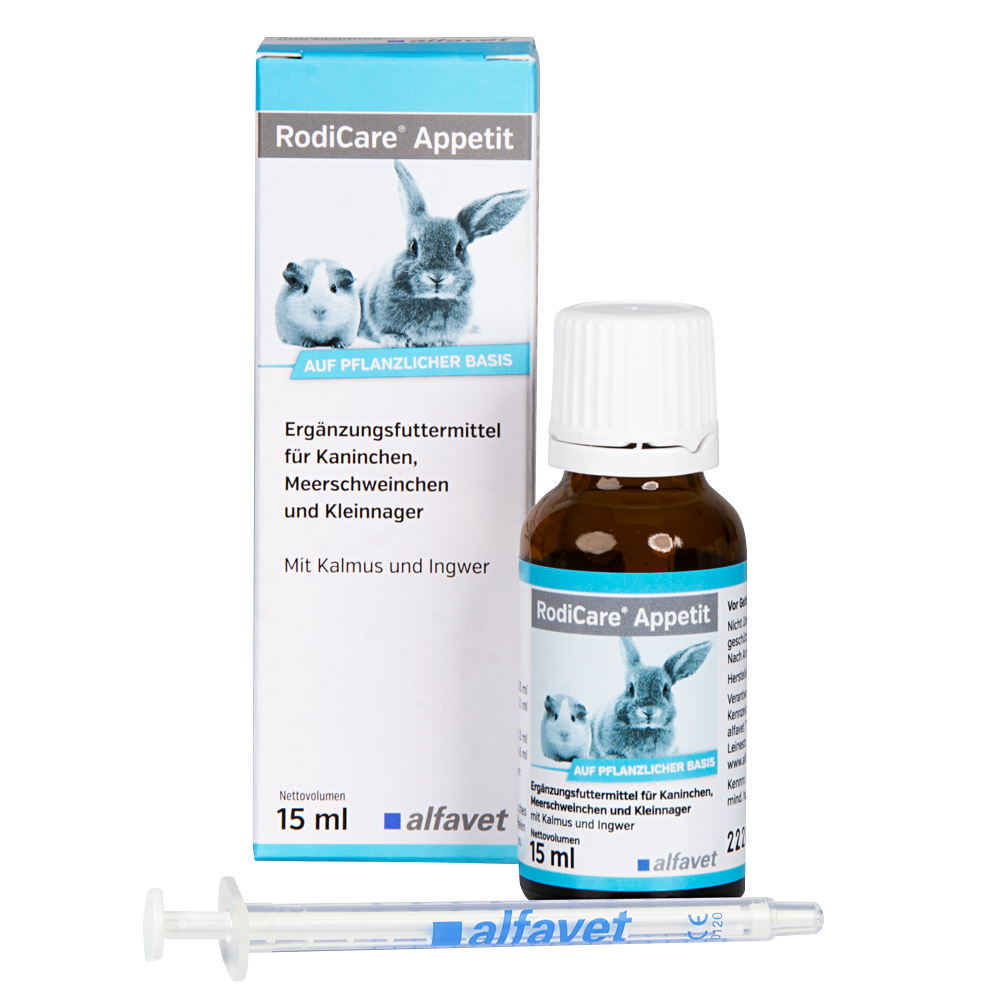 alfavet RodiCare Appetit 15 ml, Karton, Flasche und Dosierspritze in Vorderansicht