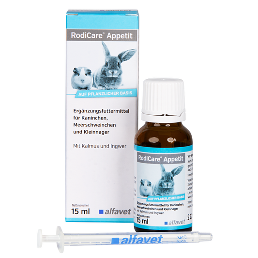 alfavet RodiCare Appetit 15 ml, Karton, Flasche und Dosierspritze in Vorderansicht