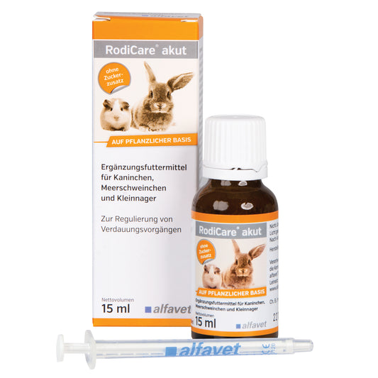 alfavet RodiCare akut 15 ml, Karton, Flasche und Dosierspritze in schräger Vorderansicht