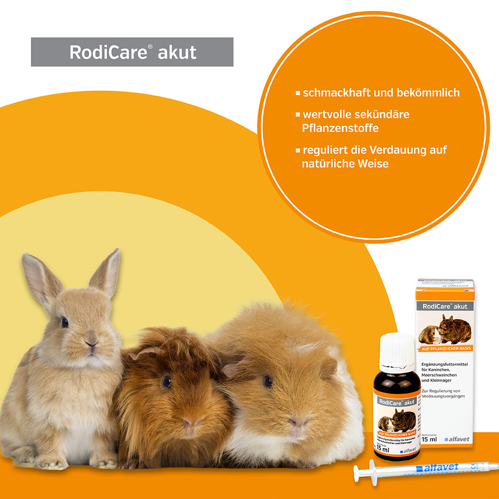 alfavet RodiCare akut 15 ml, Infografik mit Kaninchen und zwei Meerschweinchen, Karton, Flasche und Dosierspritze sowie Hinweisen zu Verträglichkeit, Pflanzenstoffen und Verdauung