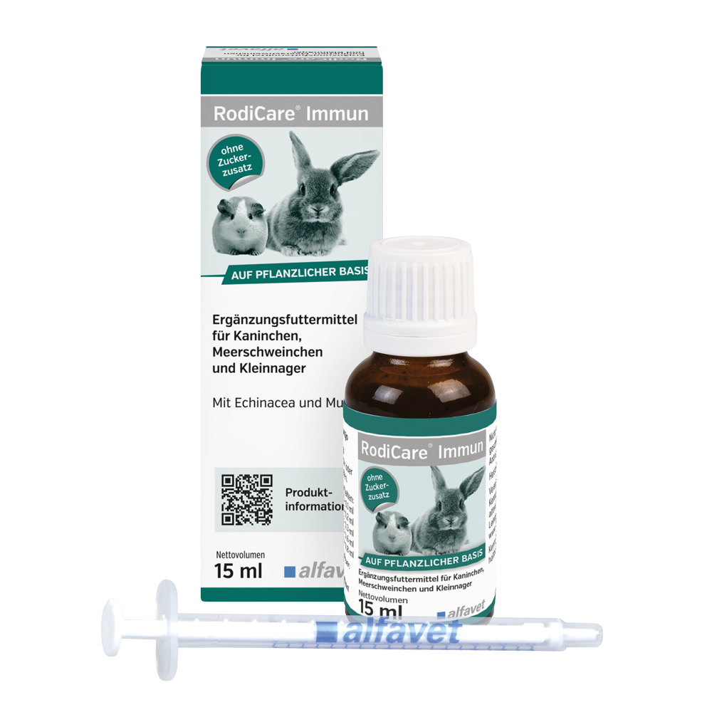 alfavet RodiCare Immun 15 ml, Karton, Flasche und Dosierspritze in Vorderansicht