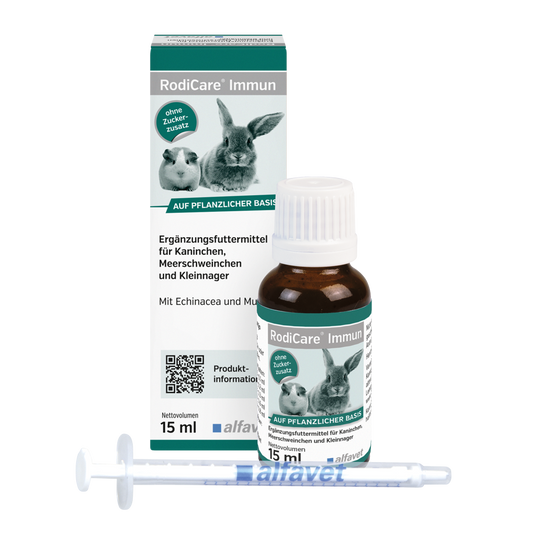 alfavet RodiCare Immun 15 ml, Karton, Flasche und Dosierspritze in Vorderansicht