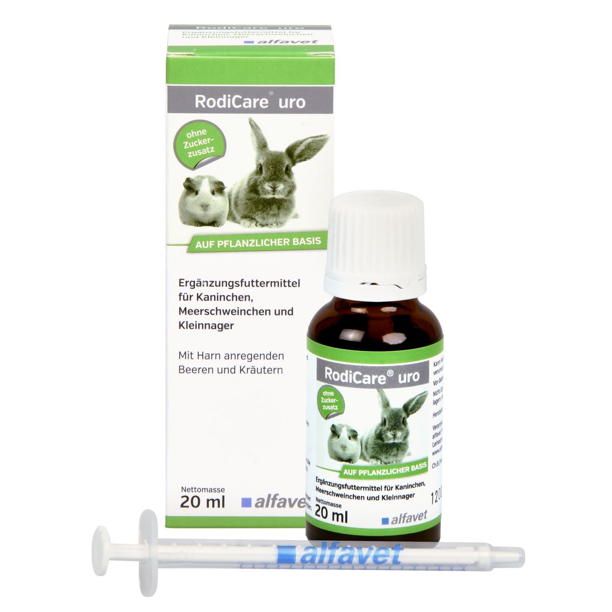 alfavet RodiCare uro 20 ml, Karton, Flasche und Dosierspritze in Vorderansicht