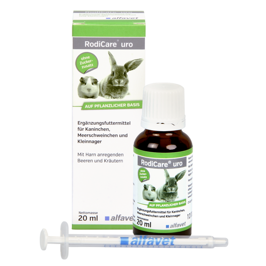 alfavet RodiCare uro 20 ml, Karton, Flasche und Dosierspritze in Vorderansicht