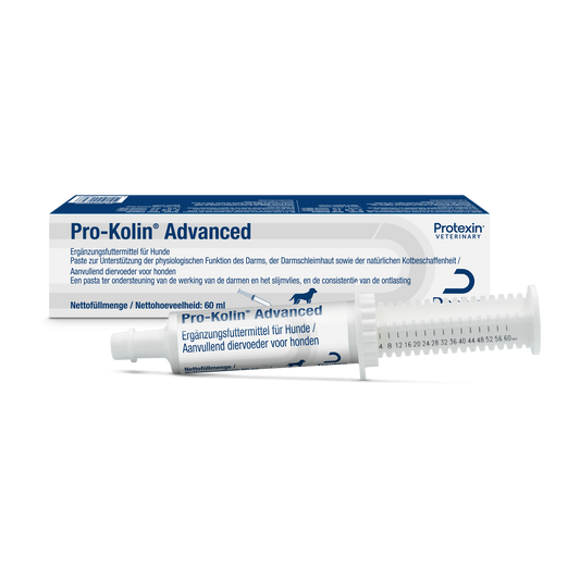 Dechra Pro-Kolin Advanced 60 ml für Hunde, Karton und Dosierspritze in Vorderansicht