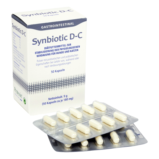 Dechra Synbiotic D-C 9 g, 50 Kapseln zu je 180 mg, Karton und Blister mit Kapseln in Vorderansicht